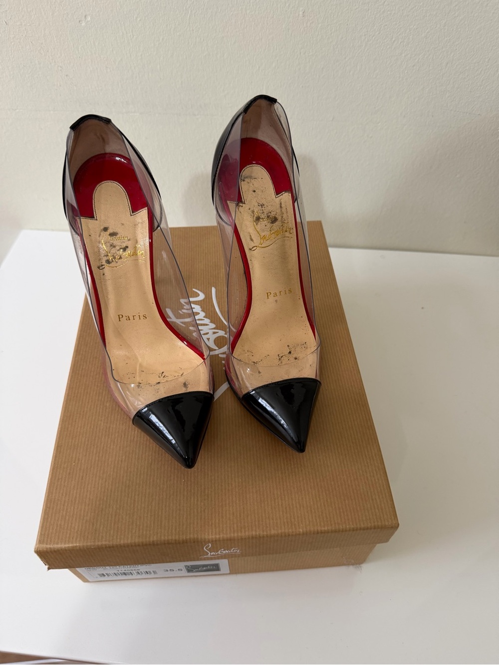 Christian Louboutin Clear PVC Pointed Toe Pump in Black and Red